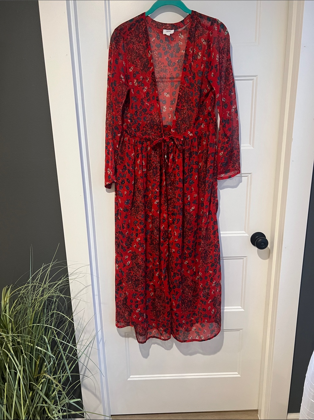 Red Floral Midi Tunic With Tie Waist